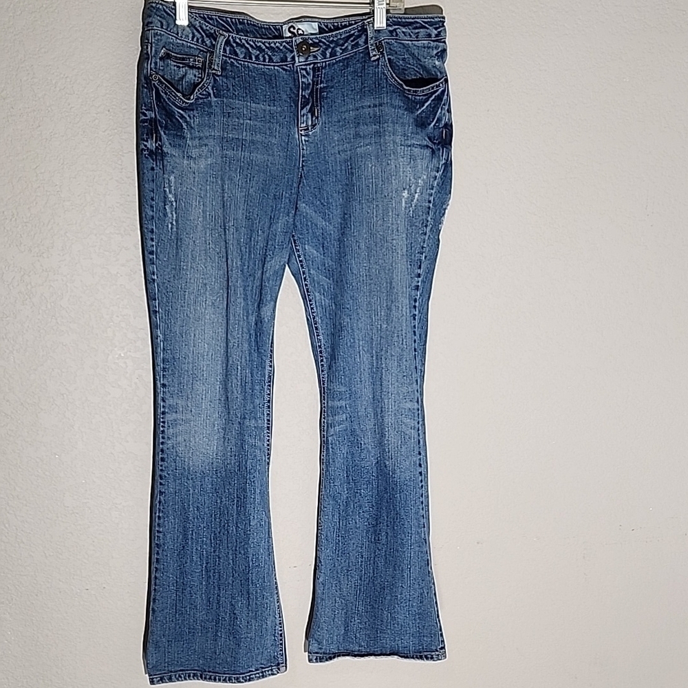 SO Womens Jeans Juniors Size 15 Denim Boot Cut Distressed Holes Flaws